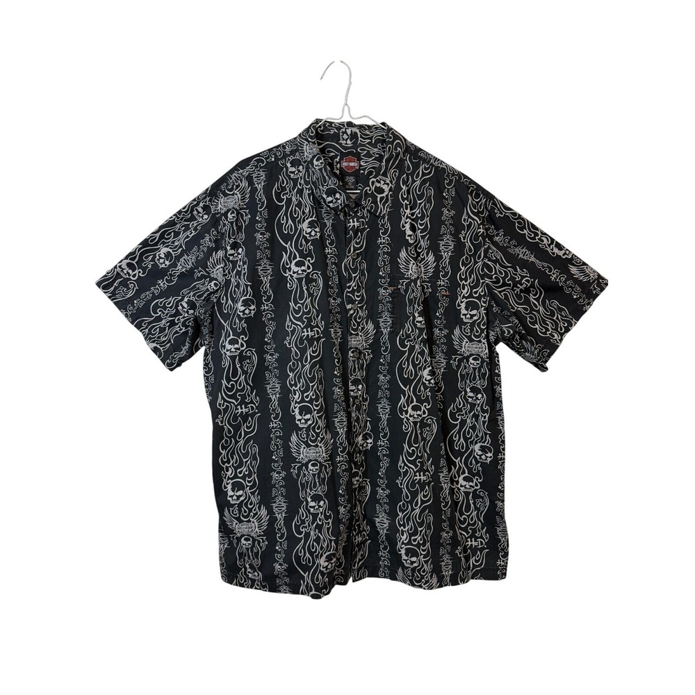 Harley-Davidson Button Down Shirt Men 3XL Black Skulls Flames Short Sleeve